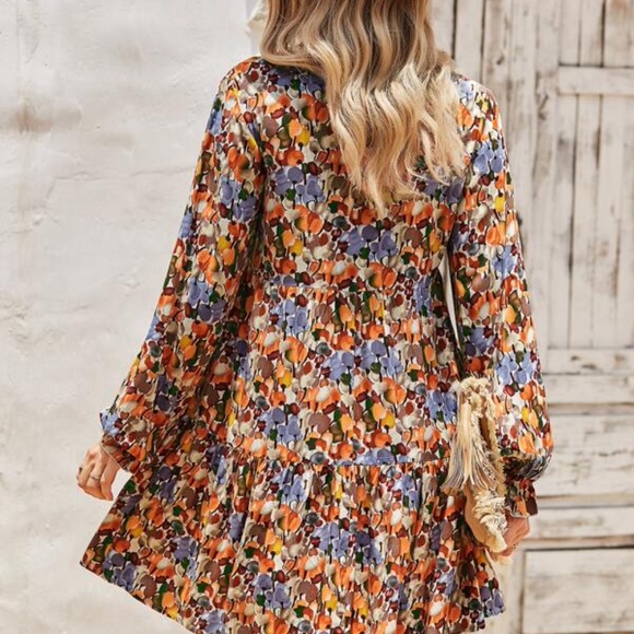 Boho Blue Orange Floral Print Ruffle Mini Dress - Picture 3 of 6